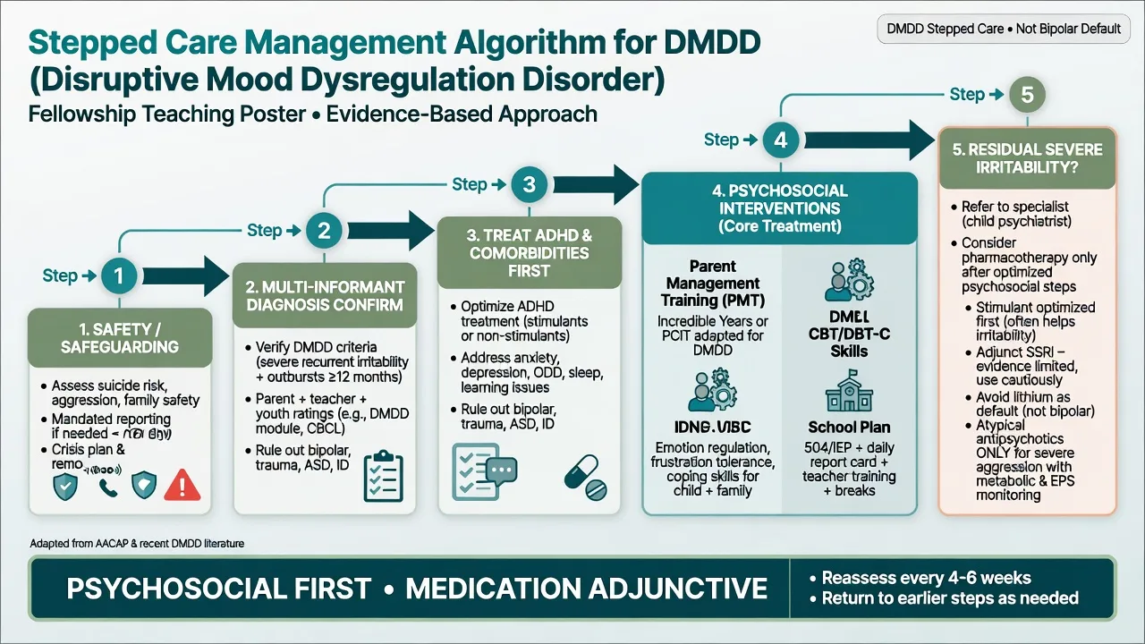 Stepped care algorithm for DMDD from safety and psychosocial care to specialist adjunctive medication