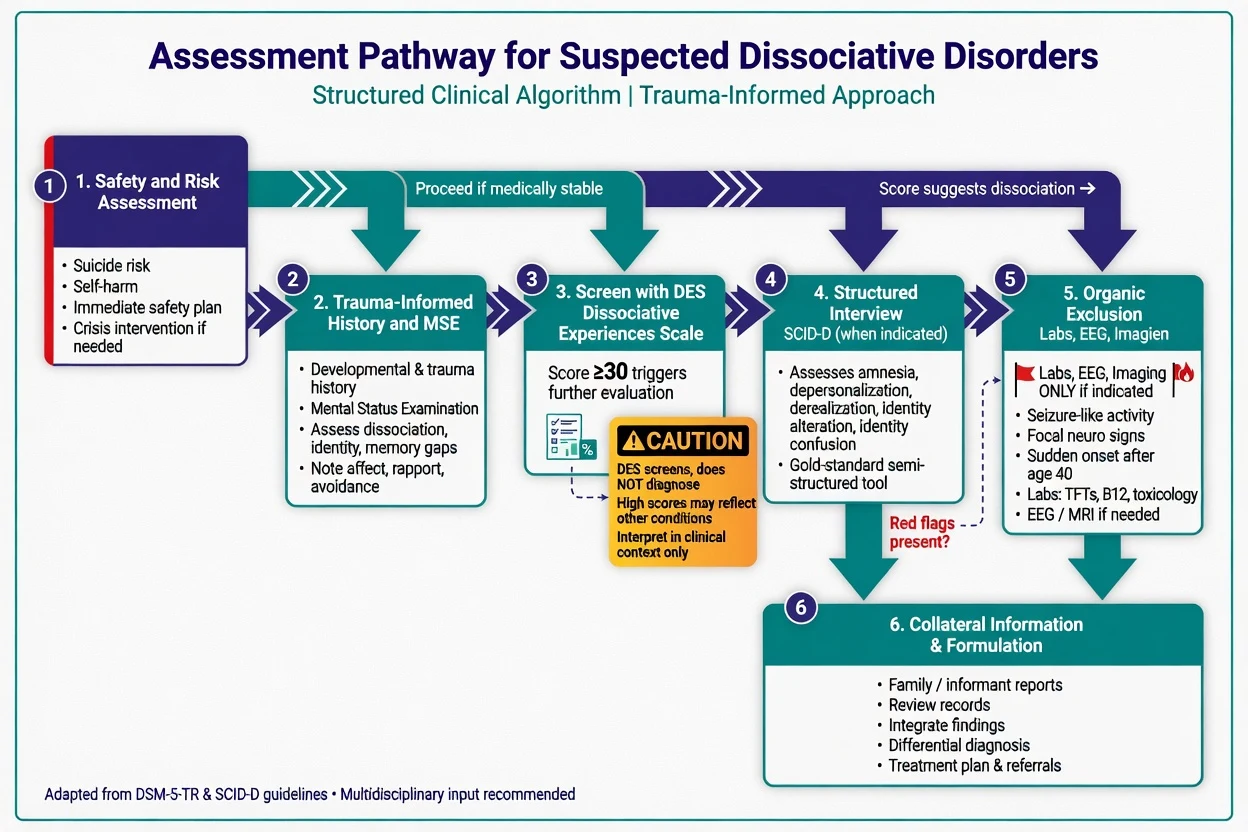 Assessment pathway from risk and trauma-informed history through DES SCID-D and organic exclusion