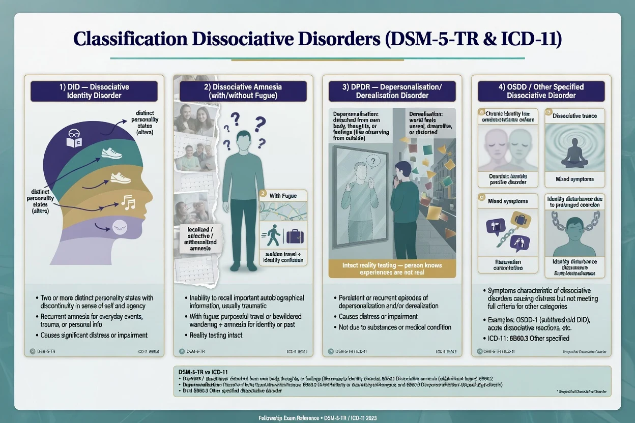 Four-panel classification of DID, dissociative amnesia, DPDR and OSDD with DSM-5-TR and ICD-11 notes