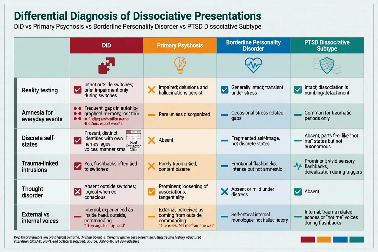 Comparison table of DID versus psychosis, BPD and PTSD dissociative subtype