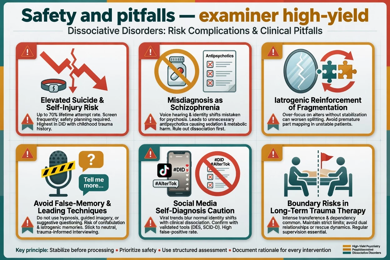 Six-panel infographic of suicide risk misdiagnosis iatrogenesis false memory social media and boundary pitfalls