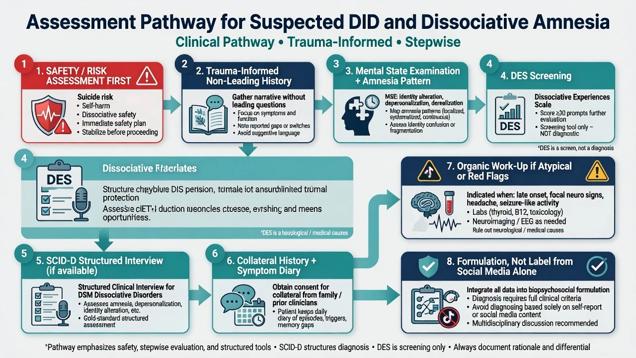 Assessment pathway from risk and trauma-informed history through DES, SCID-D, collateral and organic exclusion