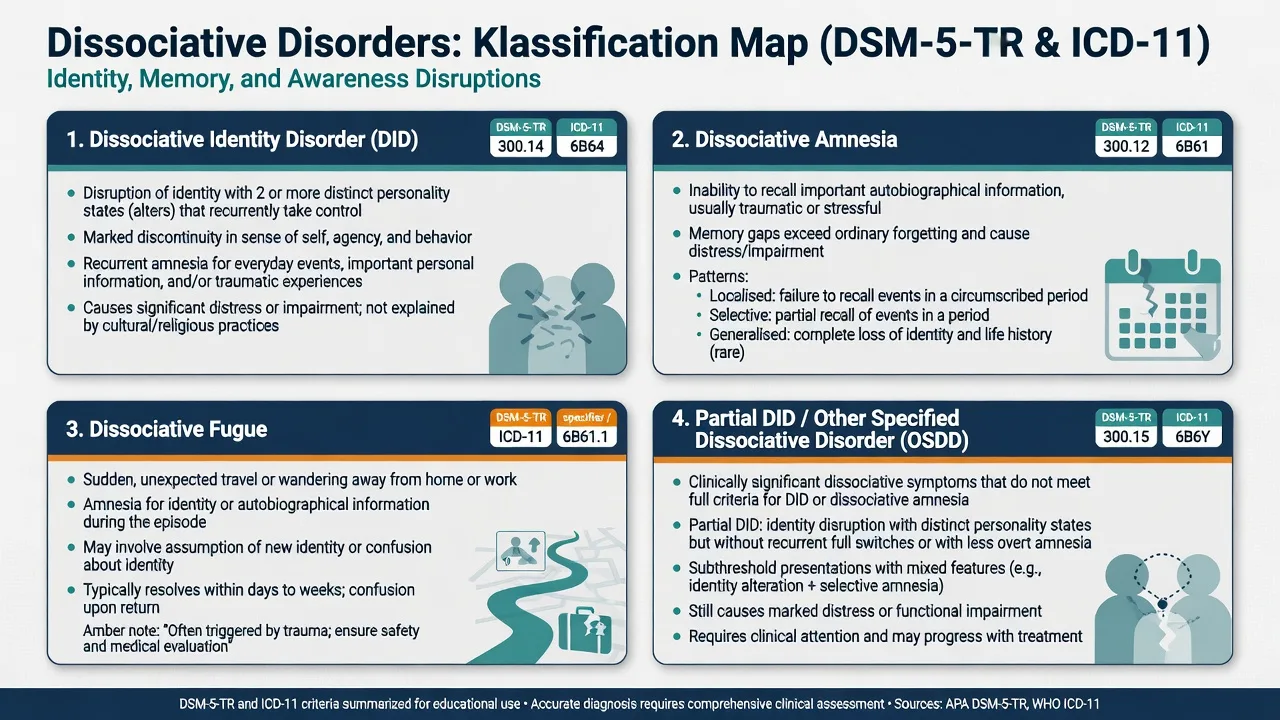 Four-panel classification of DID, dissociative amnesia patterns, fugue and partial DID or OSDD with DSM-5-TR and ICD-11 notes