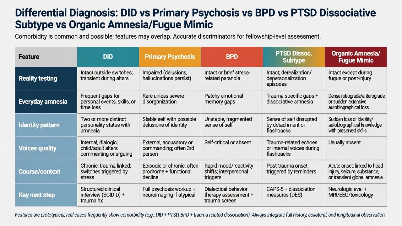 Comparison matrix of DID versus primary psychosis, BPD, PTSD dissociative subtype and organic amnesia