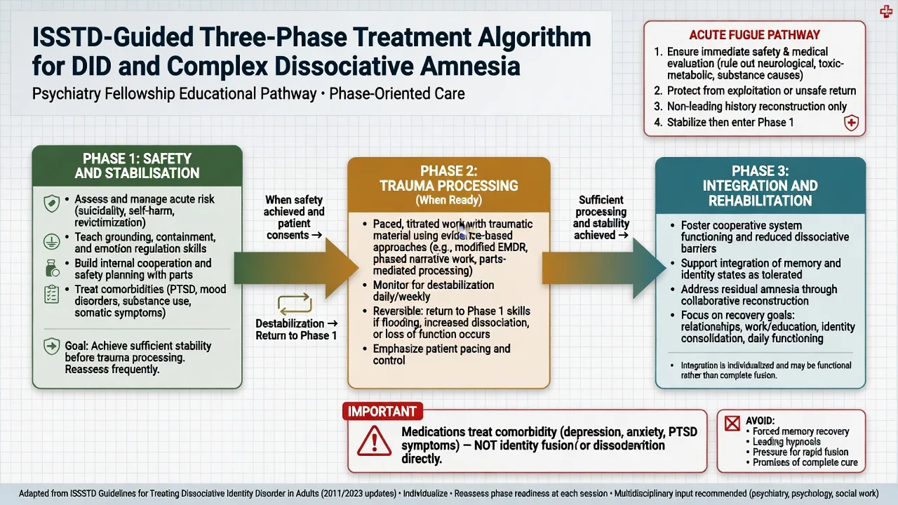 Three-phase ISSTD-style treatment algorithm for DID and dissociative amnesia with acute fugue pathway and avoid-forced-memory box