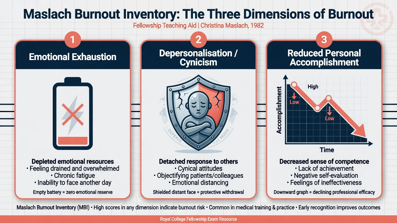 Three-panel educational diagram of Maslach burnout dimensions: emotional exhaustion, depersonalisation, and reduced personal accomplishment