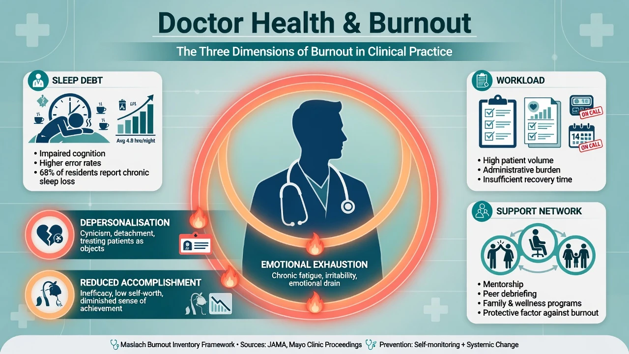 Educational overview infographic of doctor health and burnout with clinician silhouette and contributing factors