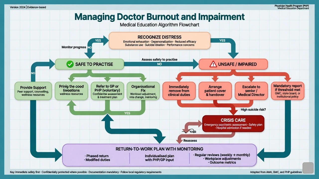 Flowchart for managing doctor burnout and impairment with safe versus unsafe branches and return-to-work plan