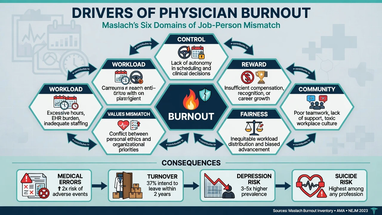 Hexagon diagram of six worklife domains driving physician burnout with consequence pathway