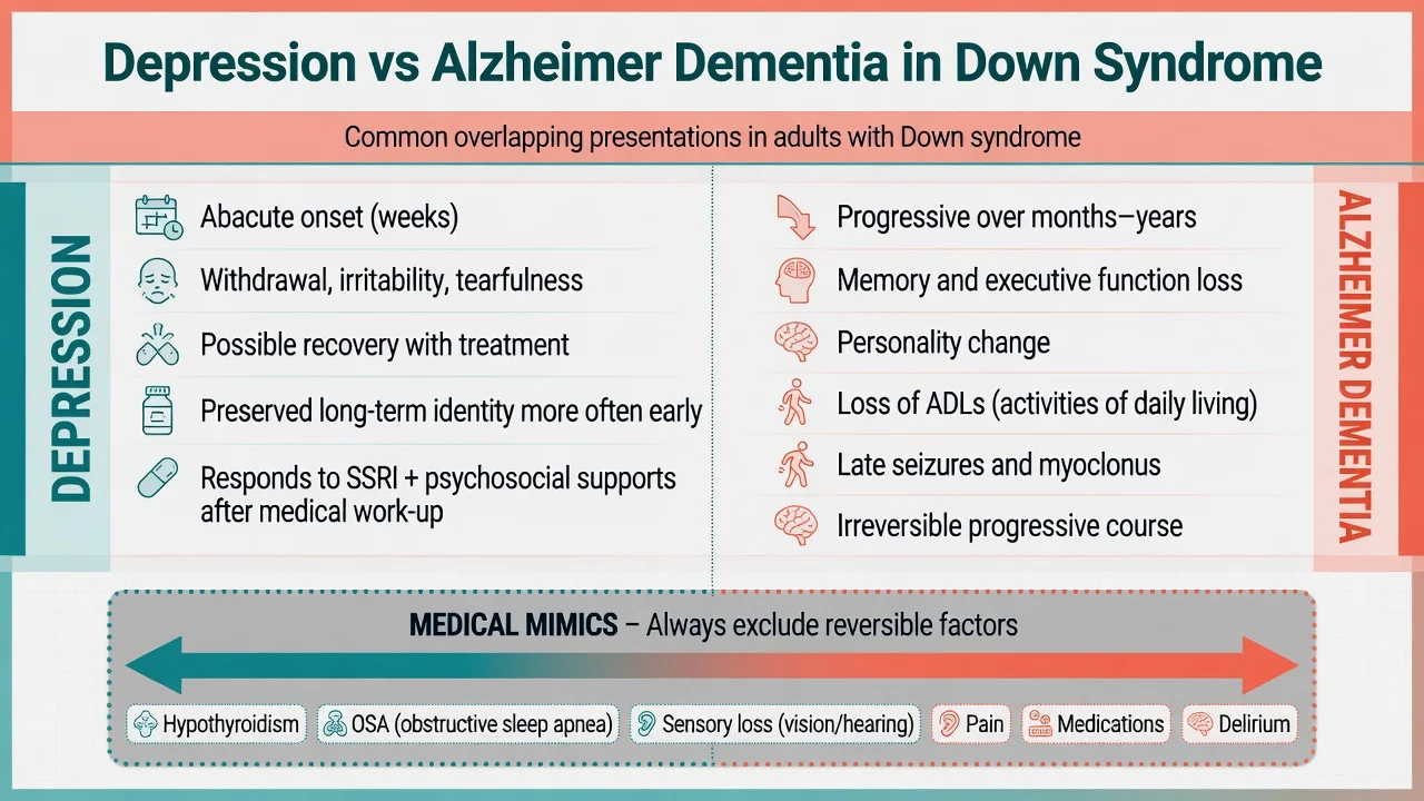 Comparison of depression versus Alzheimer dementia in Down syndrome with shared medical mimics