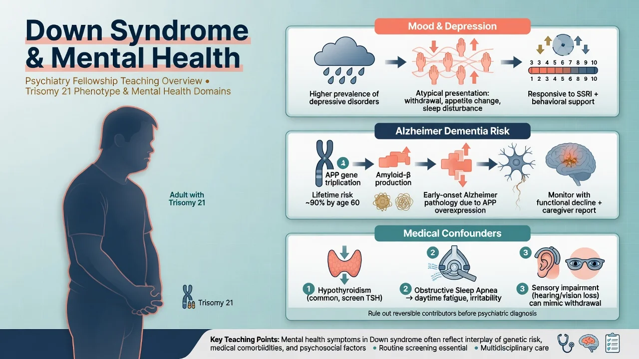 Overview of Down syndrome mental health domains: mood, Alzheimer risk, and medical confounders