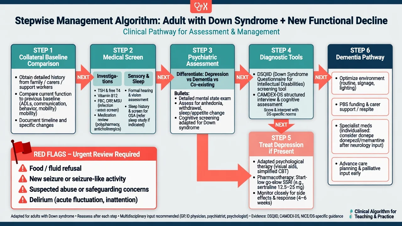 Stepwise algorithm for adult Down syndrome with new functional decline