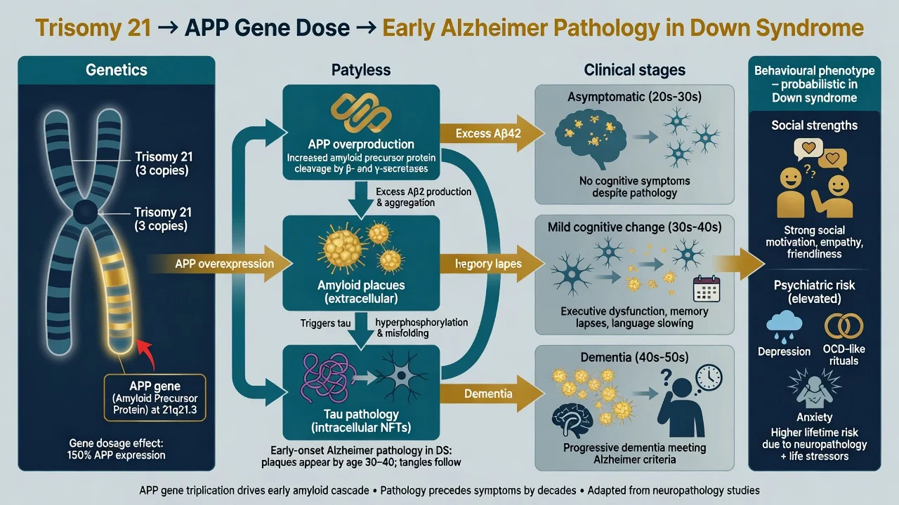 Trisomy 21 APP gene dose pathway to early Alzheimer pathology and behavioural phenotype risks