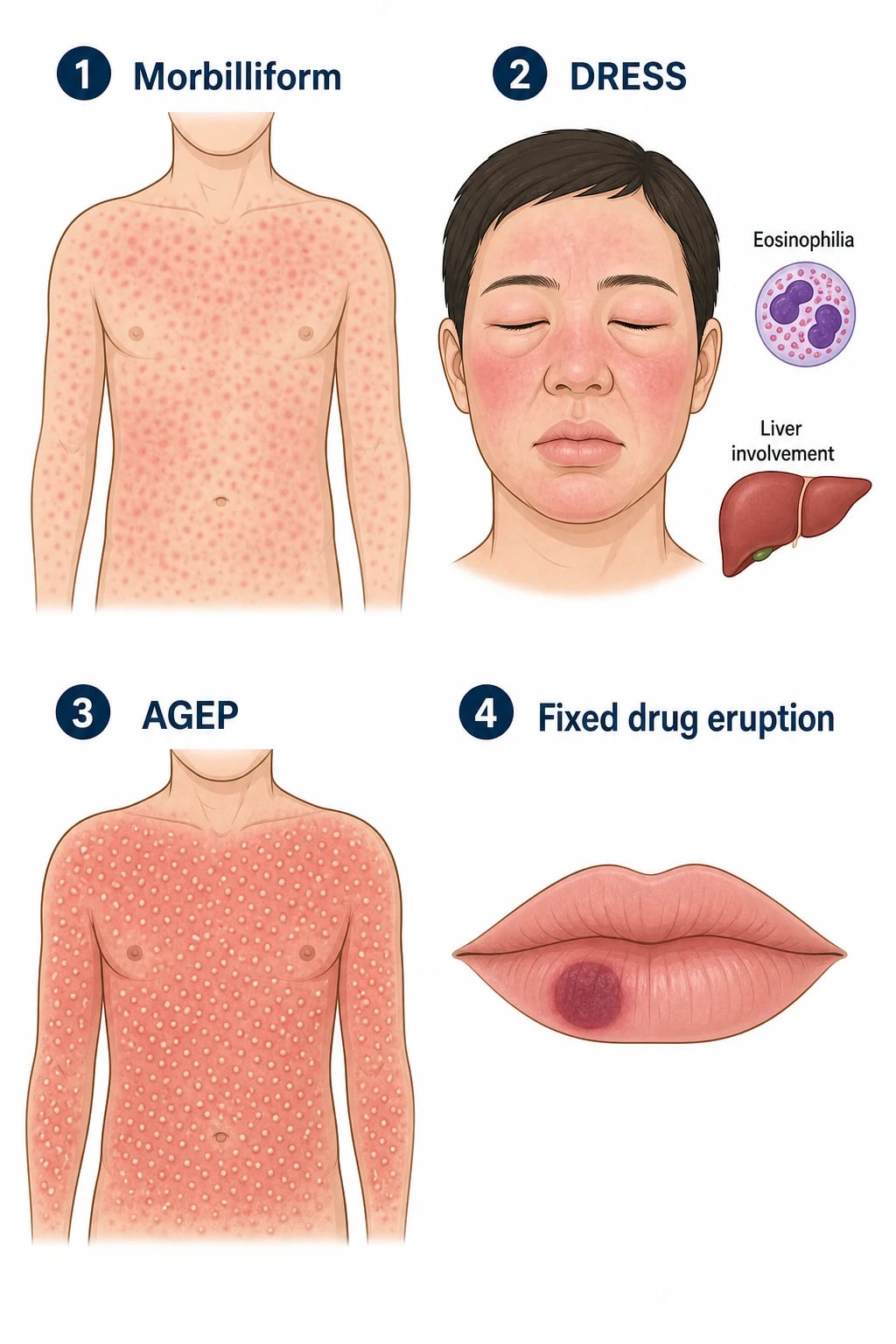 Four-panel comparison of cutaneous drug eruptions: morbilliform exanthem on trunk, DRESS with facial oedema, AGEP with diffuse pustules, and fixed drug eruption as a violaceous plaque on the lip