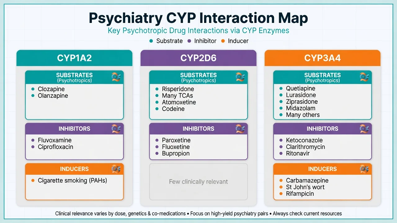 Three-column CYP1A2 CYP2D6 CYP3A4 map listing psychotropic substrates inhibitors and inducers