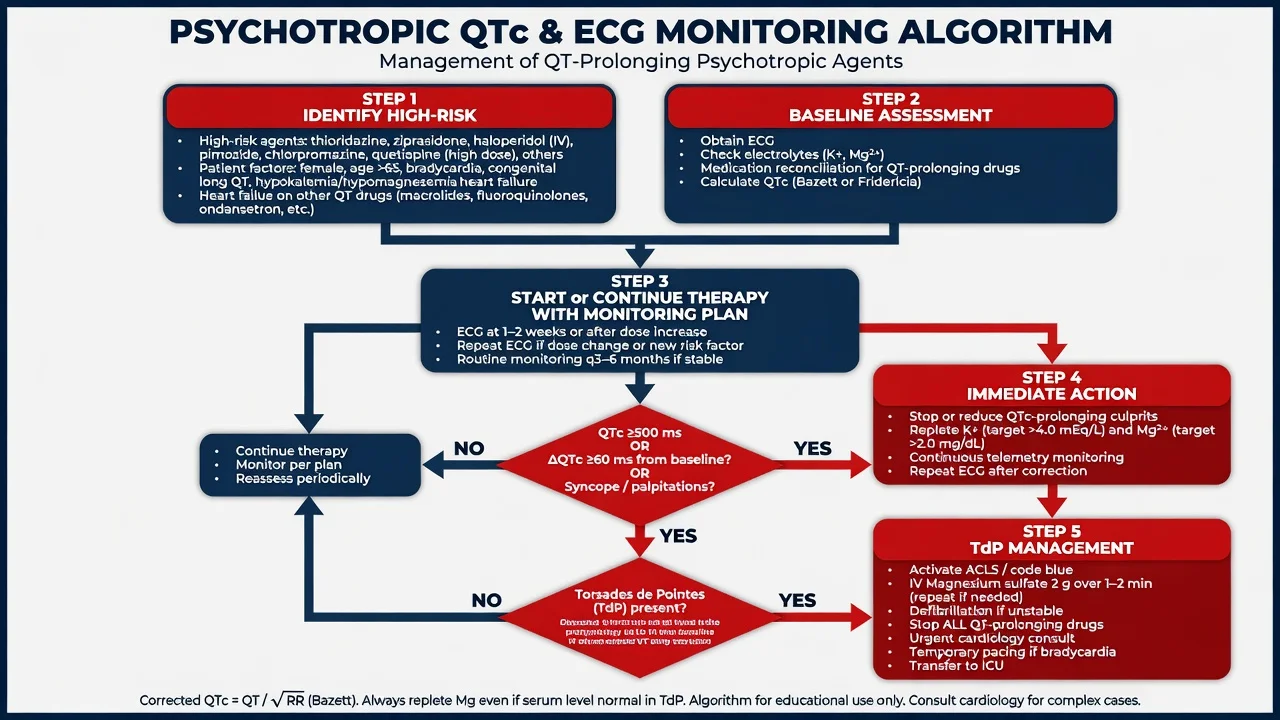 Flowchart from risk identification and baseline ECG through monitoring thresholds to TdP emergency care with IV magnesium