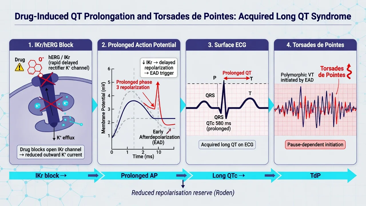 Four-panel cascade from IKr hERG block through prolonged action potential and long QTc to torsades de pointes