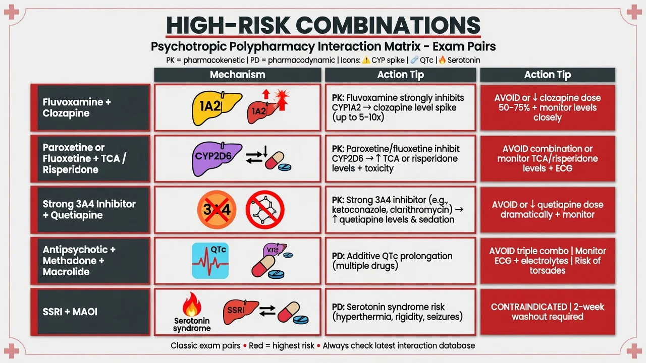 Matrix of high-risk psychotropic combinations including fluvoxamine-clozapine, CYP2D6 pairs, 3A4 pairs, multiple QTc drugs and SSRI-MAOI serotonin risk