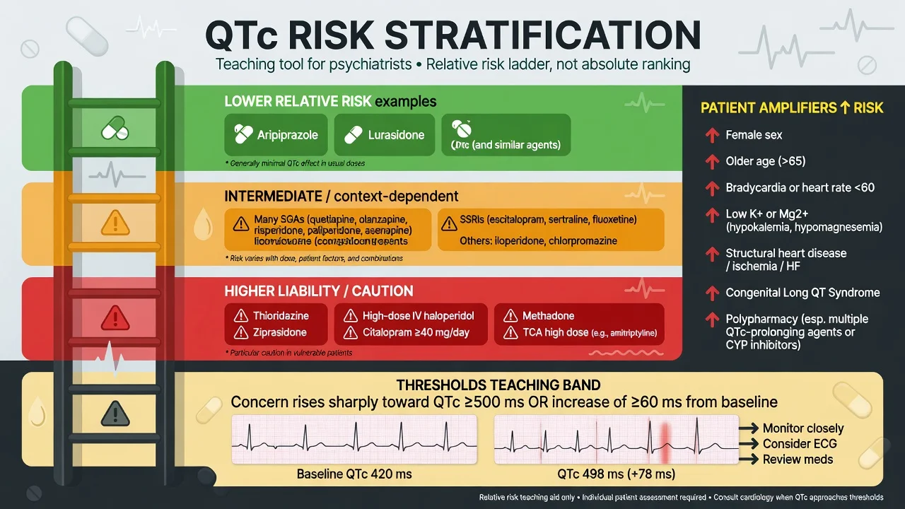 QTc risk stratification ladder with lower intermediate and higher liability psychotropics plus patient amplifiers and 500 ms threshold teaching band