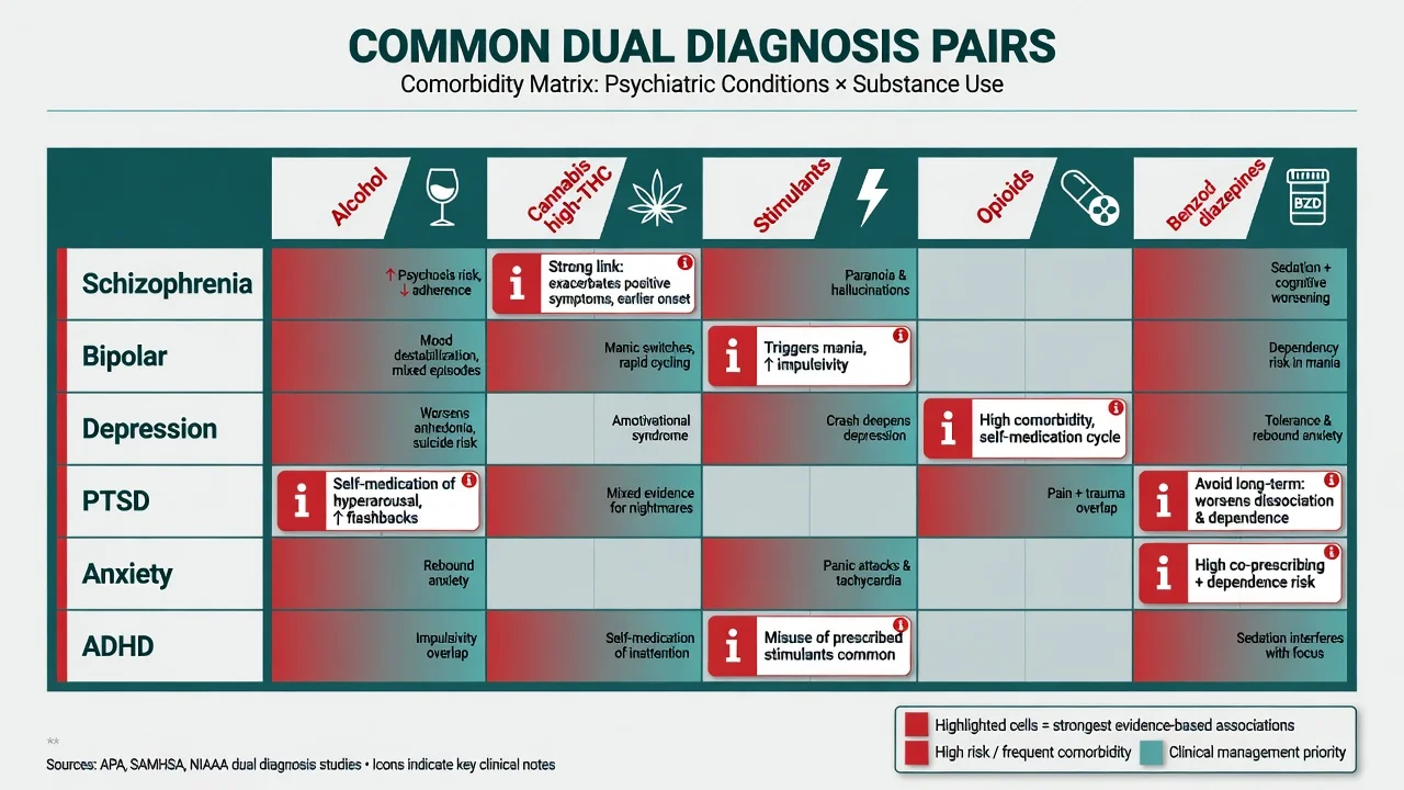 Matrix of common mental illness and substance comorbidity pairs