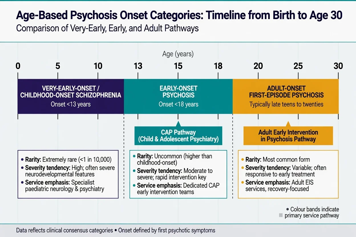 Age bands for very-early-onset schizophrenia under 13, early-onset psychosis under 18, and adult-onset FEP pathway