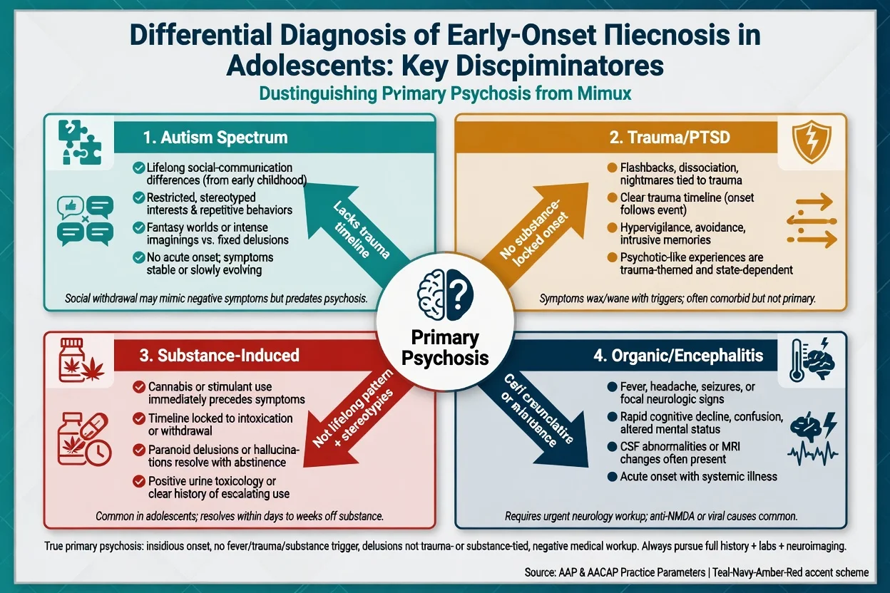 Four-panel differential for early-onset psychosis: autism, trauma, substance, organic