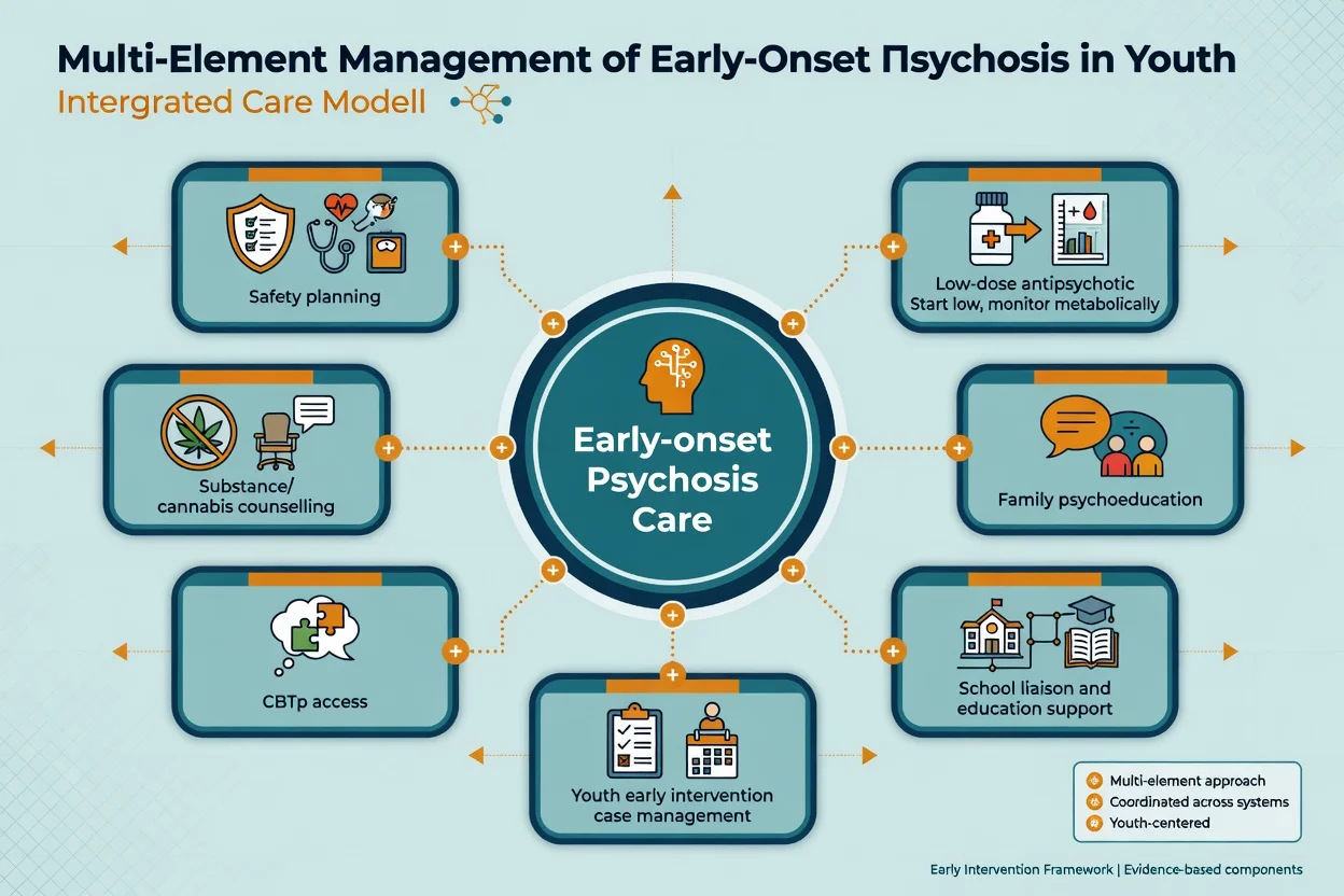 Multi-element care hub for early-onset psychosis including medication family school substance and safety modules