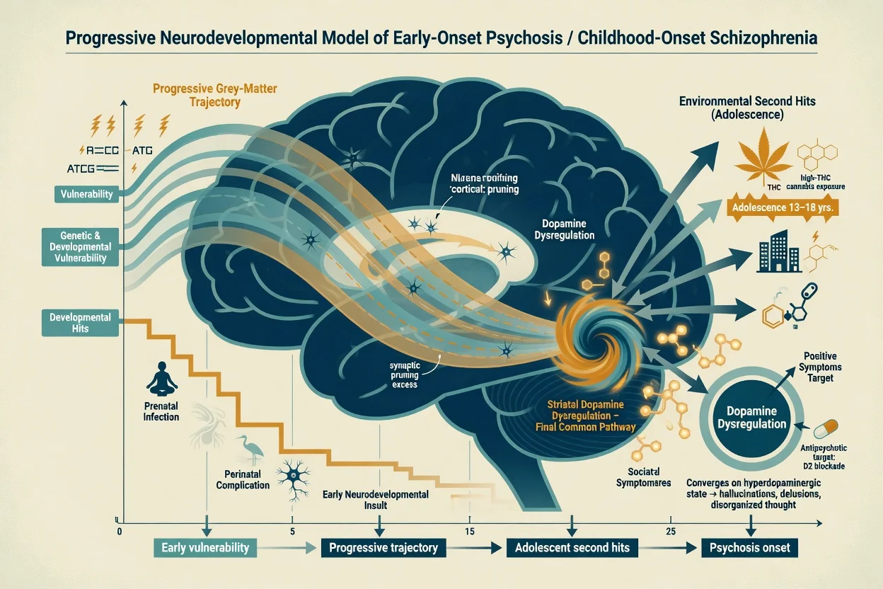 Progressive neurodevelopmental model of early-onset psychosis with striatal dopamine final common pathway