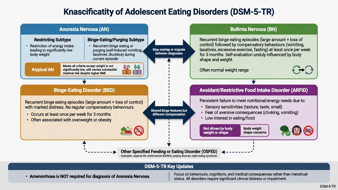 Classification of adolescent eating disorders: AN subtypes, BN, BED, ARFID, atypical AN and OSFED with DSM-5 note that amenorrhoea is not required for AN
