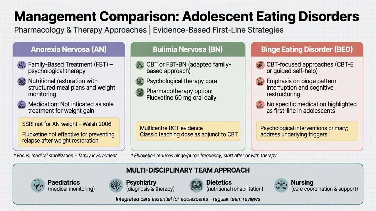 Management comparison across AN, BN and BED including FBT, CBT and fluoxetine for BN