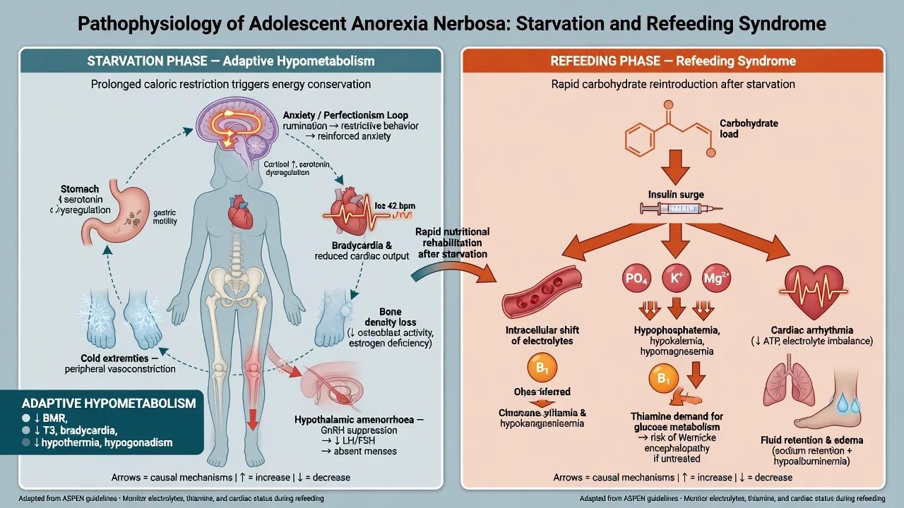 Starvation physiology and refeeding syndrome mechanism: insulin surge, phosphate potassium magnesium shifts, cardiac risk