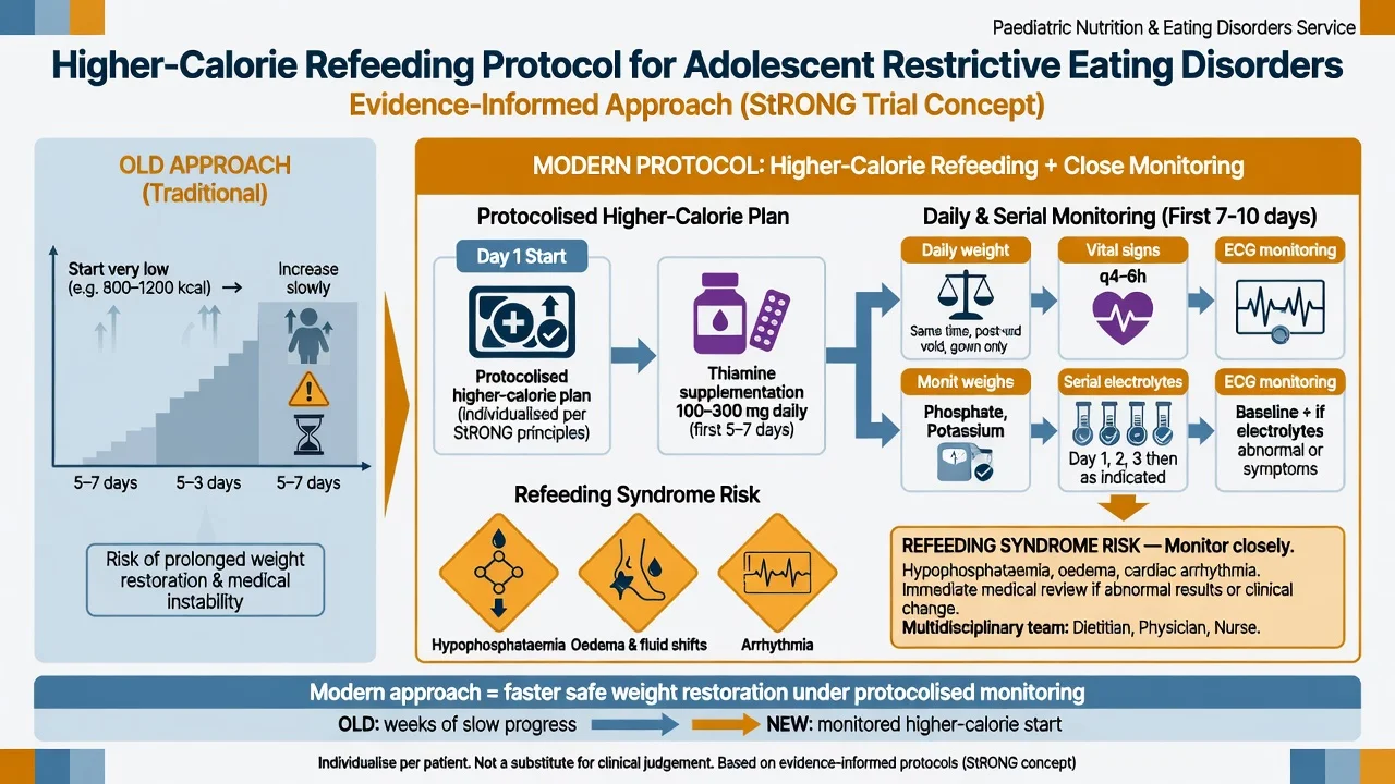 Higher-calorie refeeding protocol concept with thiamine, electrolyte monitoring and refeeding syndrome warning