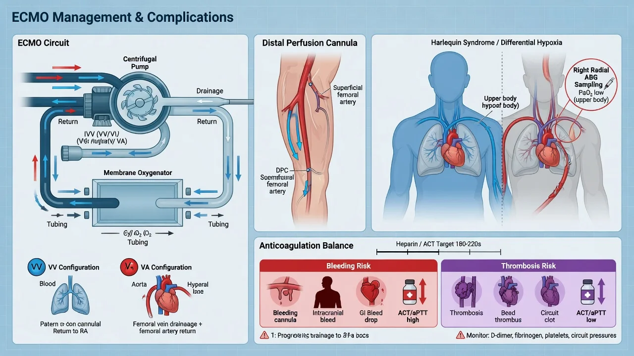 VA ECMO management panel: cardiogenic shock indication, distal perfusion cannula, LV venting, Harlequin syndrome watch