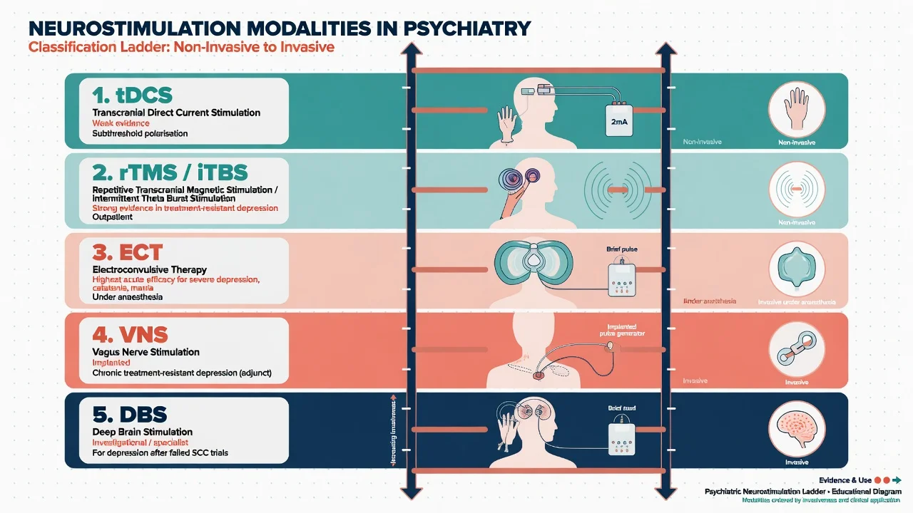 Classification ladder of neurostimulation from tDCS and rTMS through ECT to VNS and DBS
