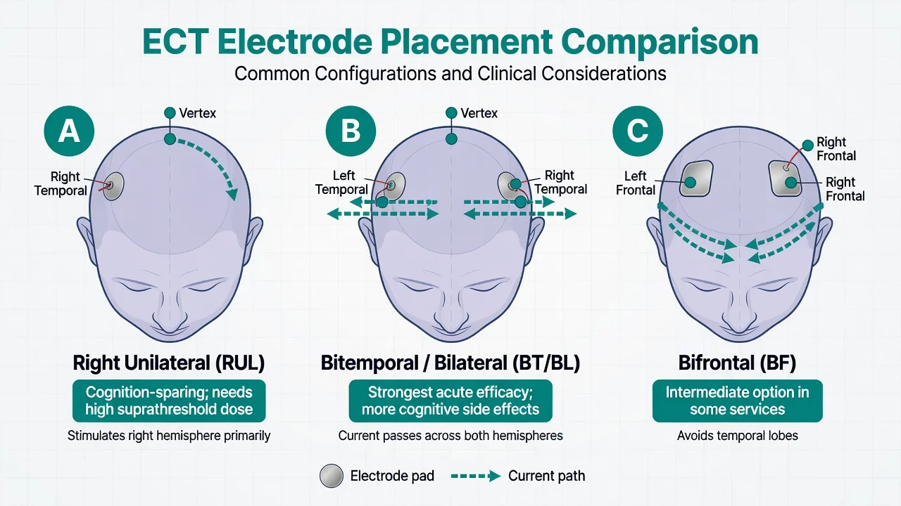 Three head diagrams comparing right unilateral, bitemporal bilateral, and bifrontal ECT electrode placements