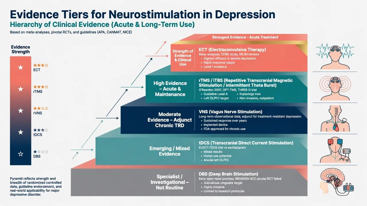 Evidence pyramid for ECT, rTMS/iTBS, VNS, tDCS and DBS in depression