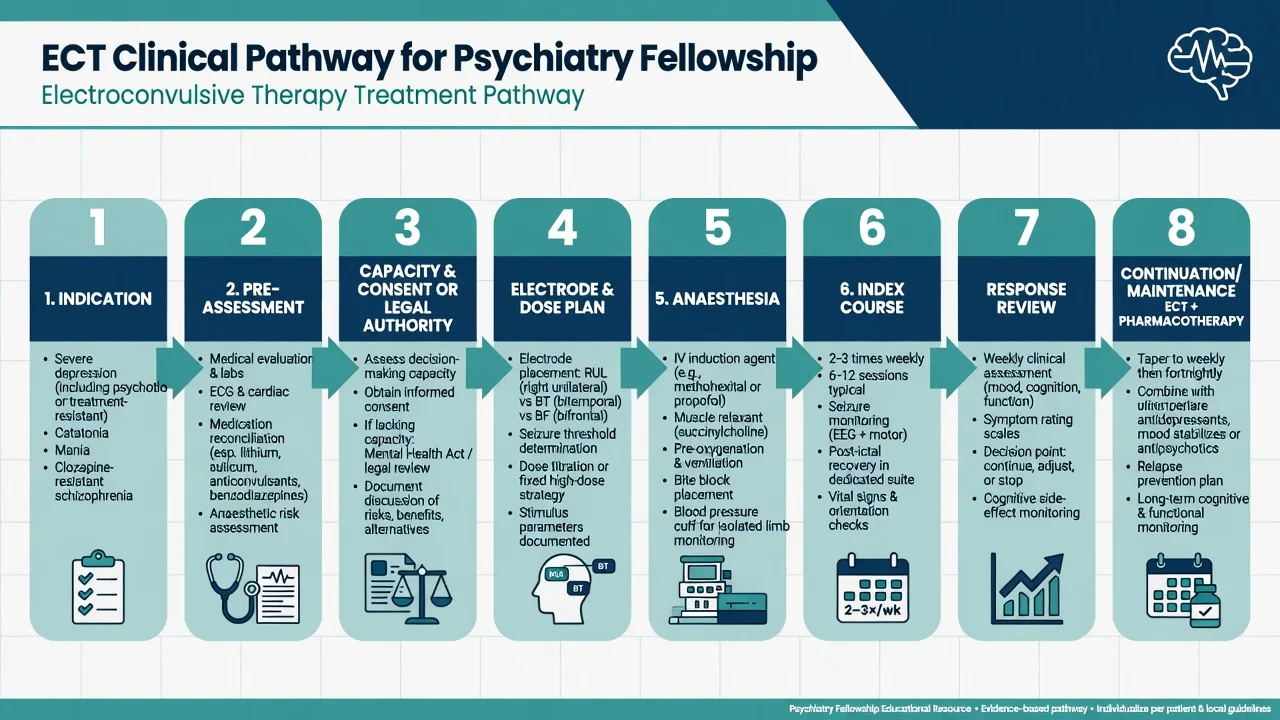 Stepwise ECT clinical pathway from indication through consent, dosing, anaesthesia, index course and continuation