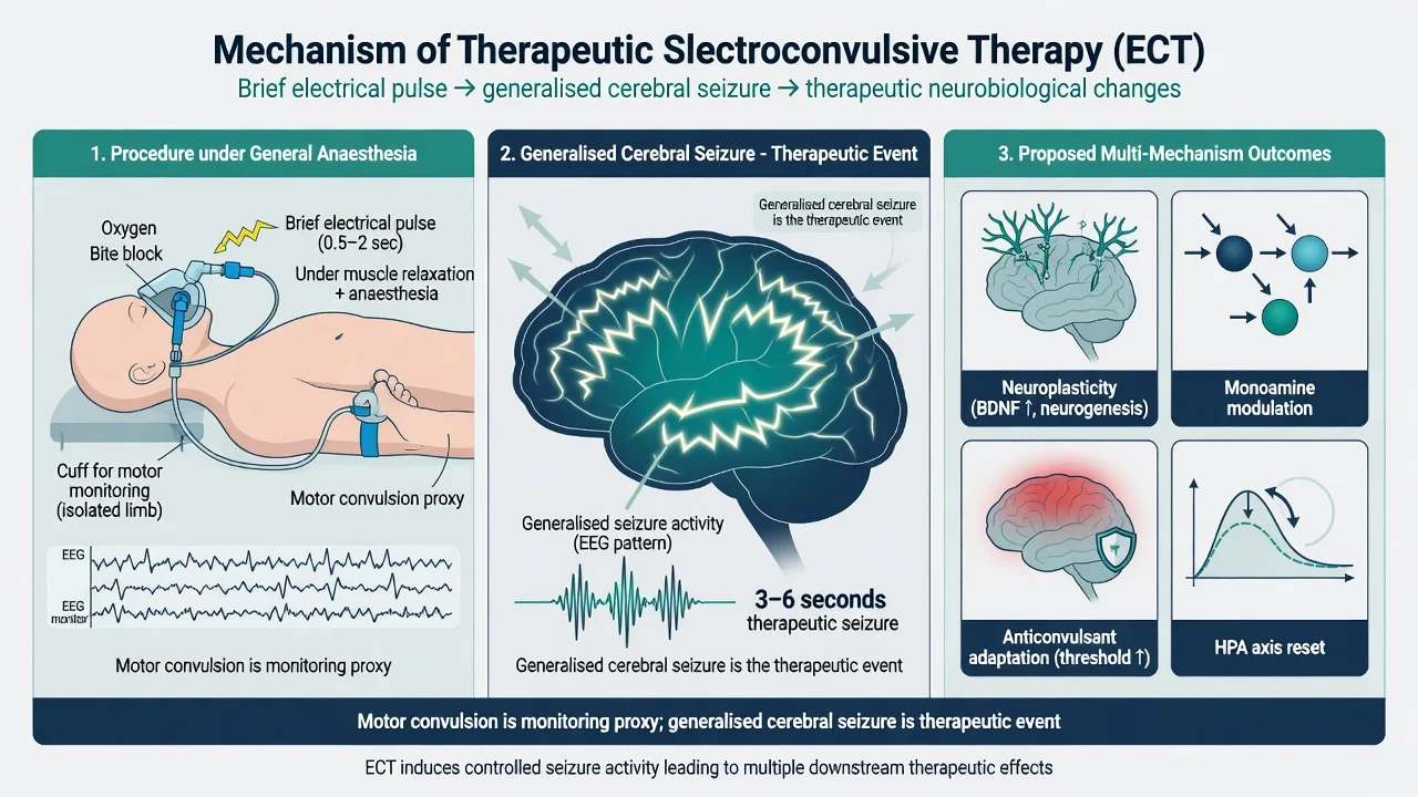 Three-panel diagram of ECT procedure under anaesthesia, generalised cerebral seizure as therapeutic event, and multi-mechanism outcomes