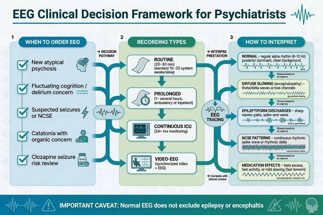 Clinical decision framework for psychiatrists showing when to order EEG, recording types, and interpretation categories including normal, slowing, epileptiform activity, NCSE, and medication effects