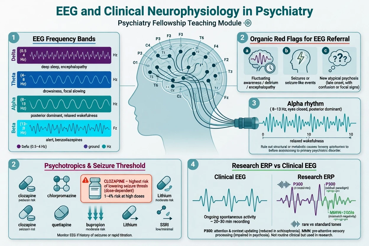 Educational diagram of EEG in psychiatry with electrode montage, frequency bands, organic red flags, psychotropic seizure risk, and research ERP versus clinical EEG panels