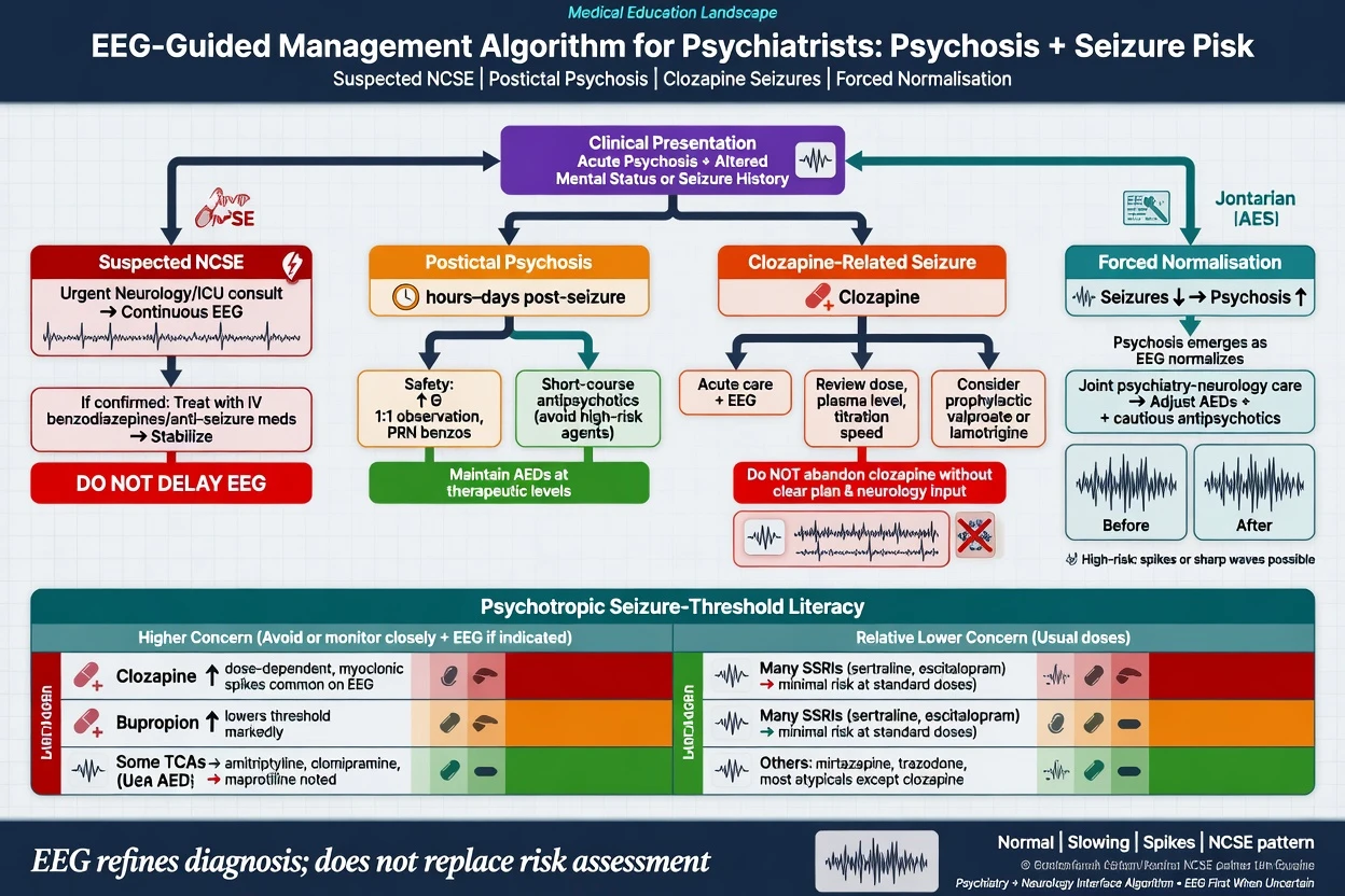 Management algorithm for psychiatrists covering NCSE pathway, postictal psychosis, clozapine-related seizure, forced normalisation, and psychotropic seizure-threshold literacy