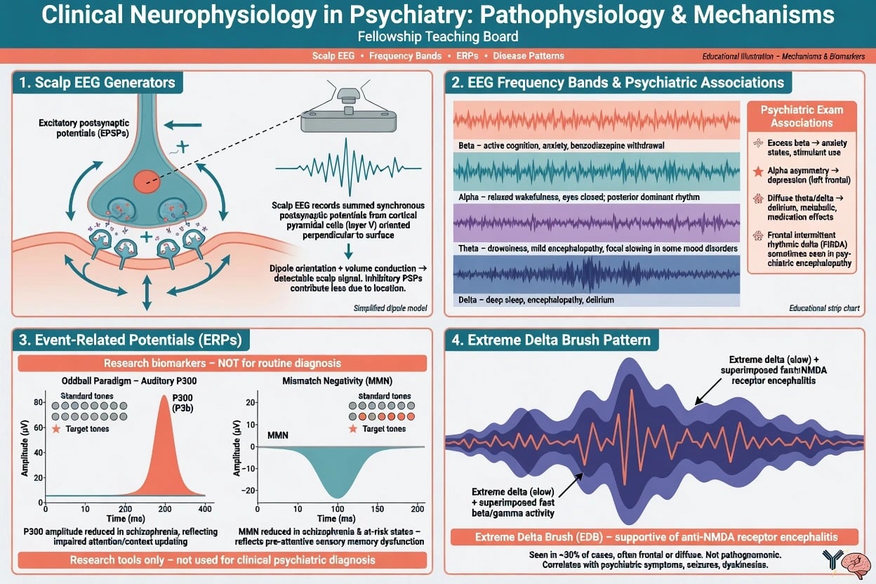 Educational panels of EEG generators, frequency bands, P300 and mismatch negativity research biomarkers, and extreme delta brush pattern for anti-NMDA encephalitis