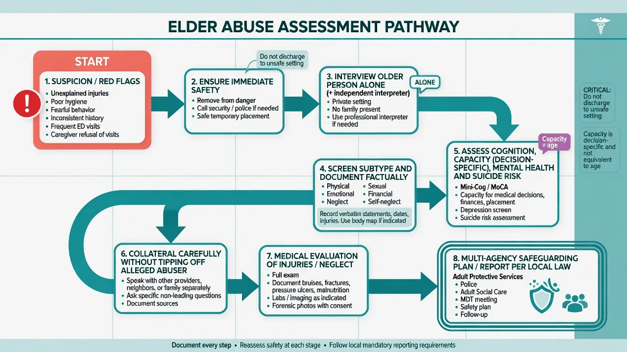 Eight-step elder abuse assessment pathway from suspicion through private interview, capacity assessment, and multi-agency plan