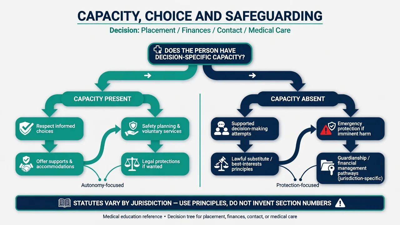 Decision tree for capacity present versus capacity absent pathways in elder abuse safeguarding