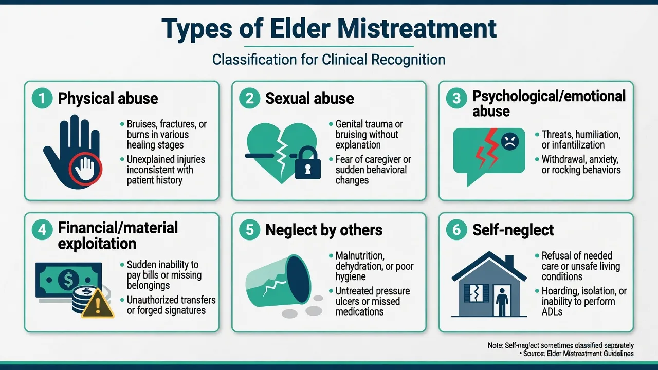 Six-panel classification of elder mistreatment subtypes: physical, sexual, psychological, financial, neglect by others, and self-neglect