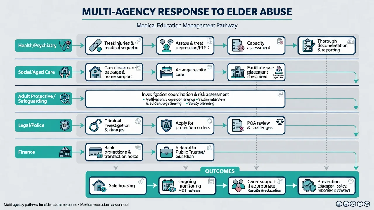 Swimlane multi-agency response pathway across health, social care, safeguarding, legal/police, and finance