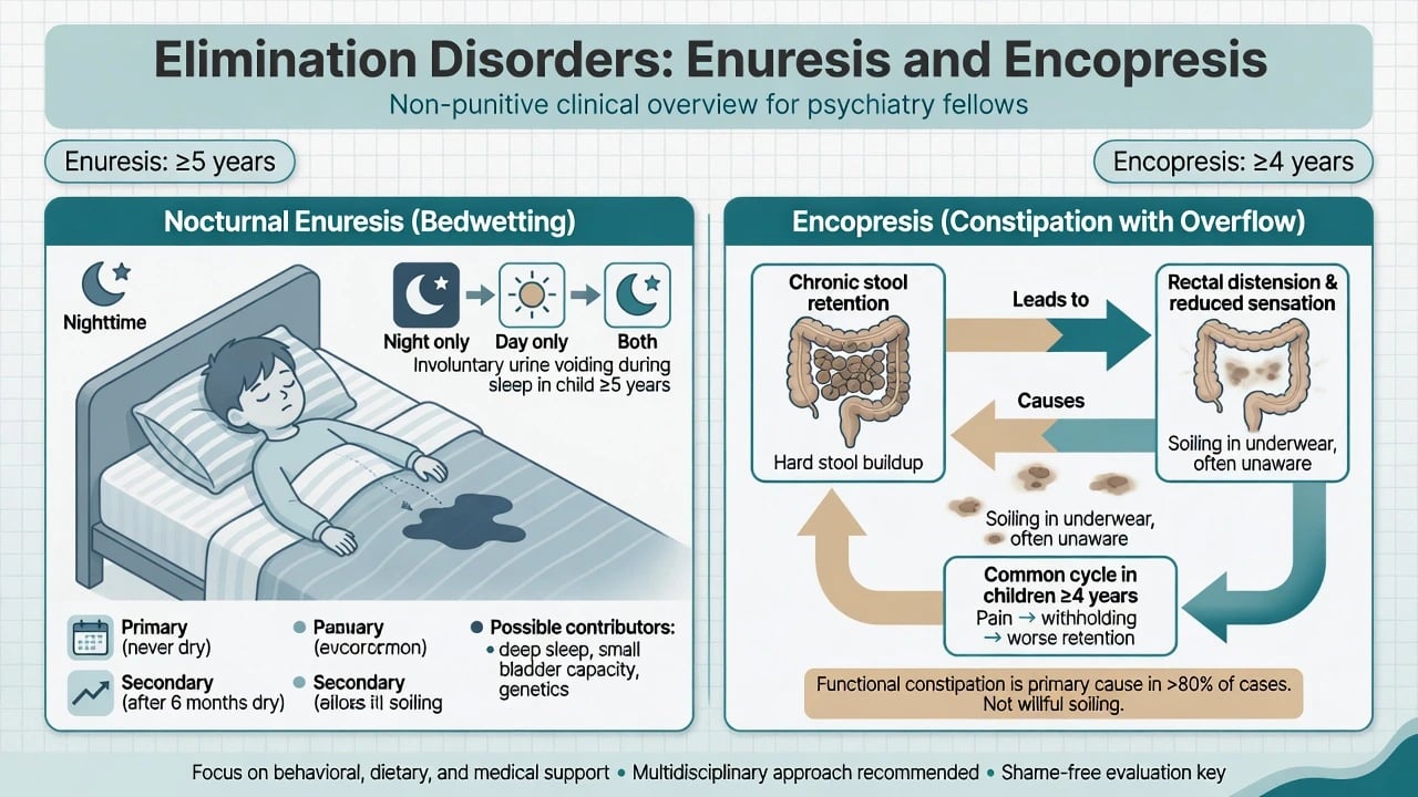 Educational overview of nocturnal enuresis and constipation-with-overflow encopresis with age thresholds