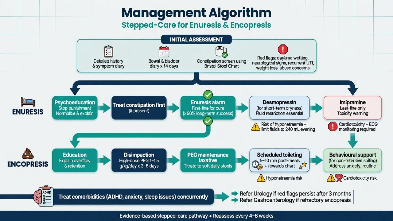 Stepped-care algorithm for enuresis and encopresis including alarm, desmopressin, disimpaction and PEG