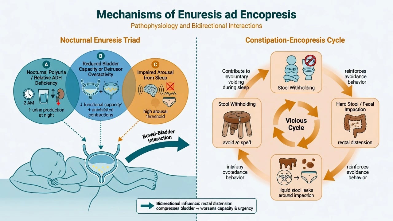 Nocturnal enuresis triad and constipation-encopresis vicious cycle with bowel-bladder interaction
