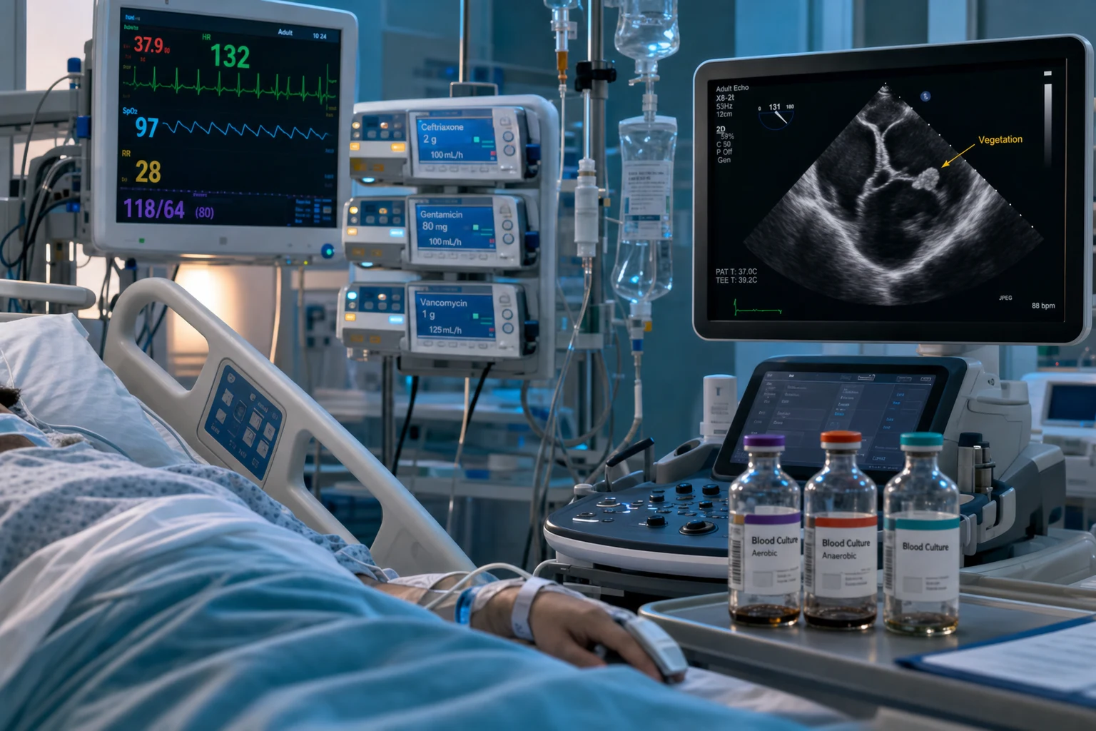 Cinematic ICU scene of a transoesophageal echocardiogram on the screen showing a large mobile vegetation on the aortic valve, blood-culture bottles on the trolley, a cardiac monitor, clinical-blue lighting, no faces, no text